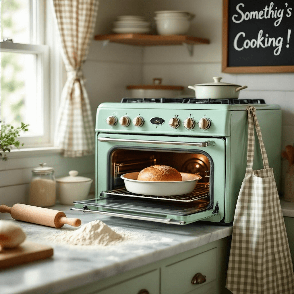 A cozy kitchen featuring a vintage mint green oven with the door slightly open, showing a single dinner roll inside. Flour dusts the marble countertops beside a rolling pin, and a gingham apron hangs nearby. A chalkboard with 'Something's Cooking!' is visible, illuminated by soft natural light through café curtains.