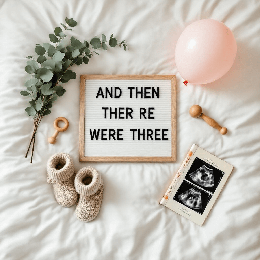 An overhead flat lay on a white duvet featuring a letter board that reads 'And then there were three,' surrounded by knit booties, a wooden rattle, a classic children's book, ultrasound photos, and a spray of eucalyptus, with a soft pink balloon nearby, all captured in warm morning light.