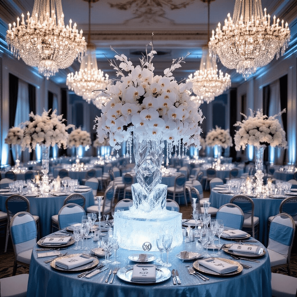 Opulent ballroom adorned for a couple's 60th anniversary, featuring crystal chandeliers, mirrored tabletops, ice-blue silk draped tables with white orchid centerpieces, silver place settings, a grand ice sculpture, champagne towers, and black-and-white photos celebrating their six decades together.