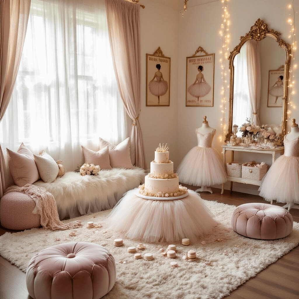 Cozy living room decorated for a ballerina-themed birthday party, featuring soft morning light, blush and cream colors, a tutu-inspired cake, vintage ballet posters, and a dress-up station with tutus and tiaras.