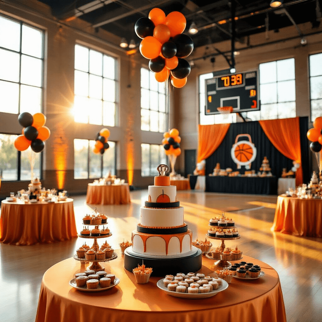 A transformed indoor basketball court during golden hour, featuring round tables with orange silk linens, miniature basketball hoop centerpieces with orange and black balloons, a scoreboard-inspired backdrop, jersey-patterned banners hanging from the rafters, and a dessert table with a tiered basketball-shaped cake and themed treats.
