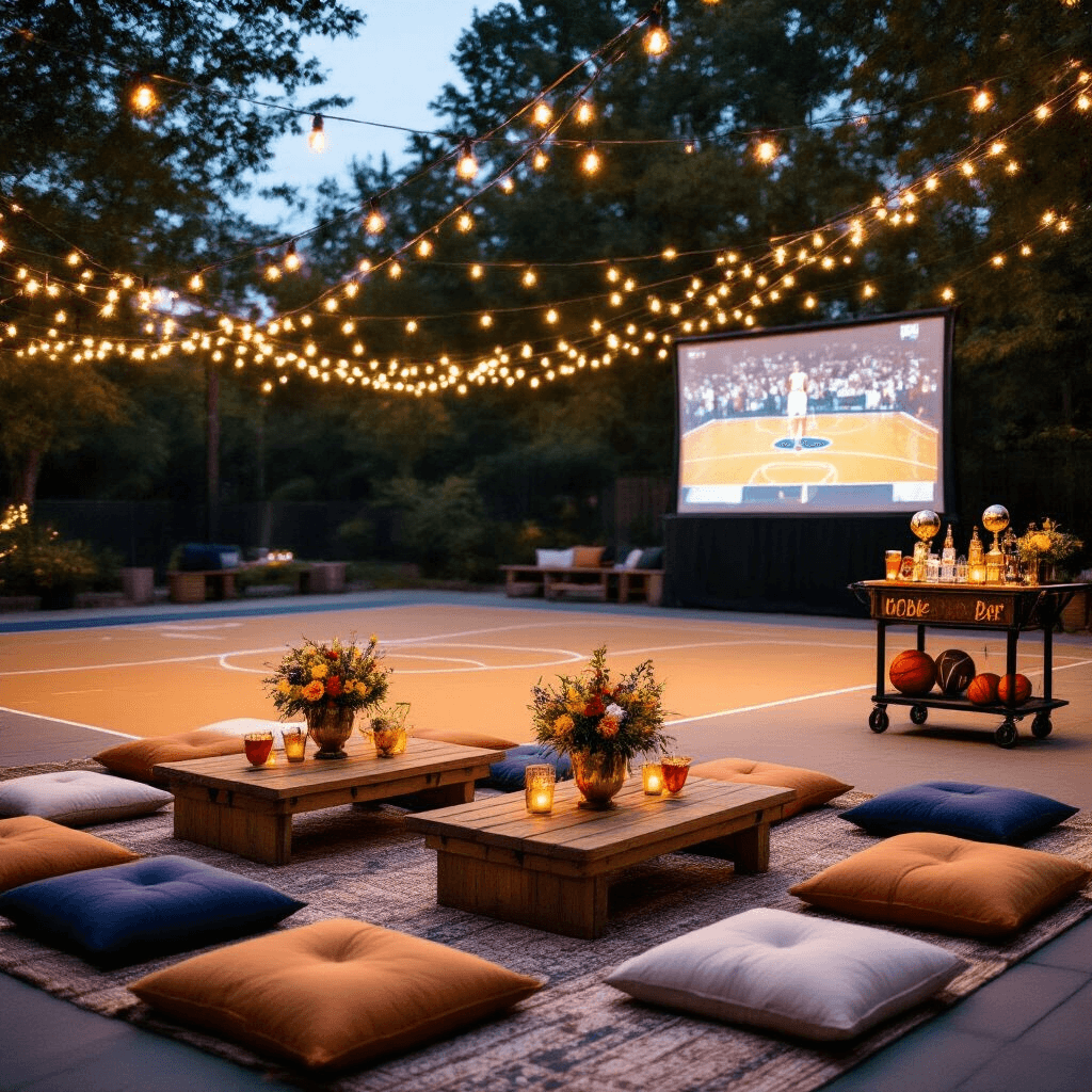 An intimate outdoor evening scene featuring a private basketball court adorned with fairy lights, picnic-style seating with plush floor cushions, vintage basketball trophies filled with wildflowers as centerpieces, and a mobile bar cart, all set against a backdrop of classic game footage on a projection screen.