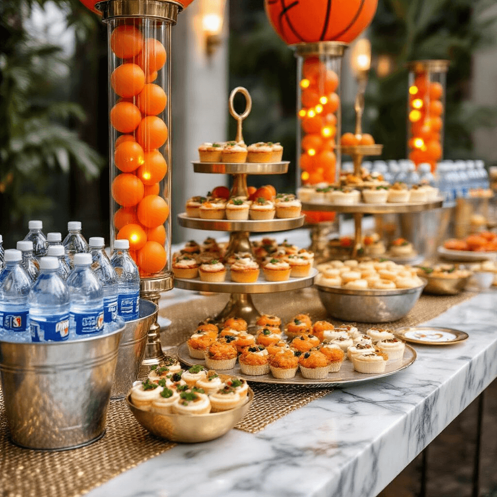 A luxurious basketball-themed buffet table featuring a marble countertop with a gold mesh table runner, gourmet finger foods on tiered stands resembling basketball hoops, personalized napkins, and glass cylinders with orange balls and LED lights.