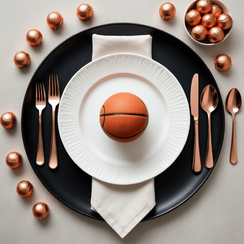 An upscale basketball-themed place setting featuring a black charger plate, a textured white dinner plate resembling a basketball, rose gold cutlery, a miniature basketball as a place card holder, a linen napkin folded like a jersey number, and metallic orange foil-wrapped chocolate truffles scattered around.