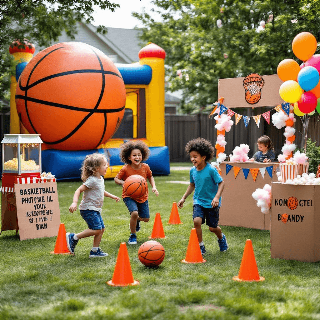 A vibrant backyard birthday party scene featuring children laughing and participating in a dribbling contest around orange cones, with a giant basketball-shaped bounce house in the background. A DIY basketball hoop photo booth buzzes with activity beside a popcorn machine and cotton candy stand adorned with basketball pennants. Colorful balloons float above, tied to custom yard signs displaying basketball facts and trivia, encapsulating a festive carnival atmosphere.