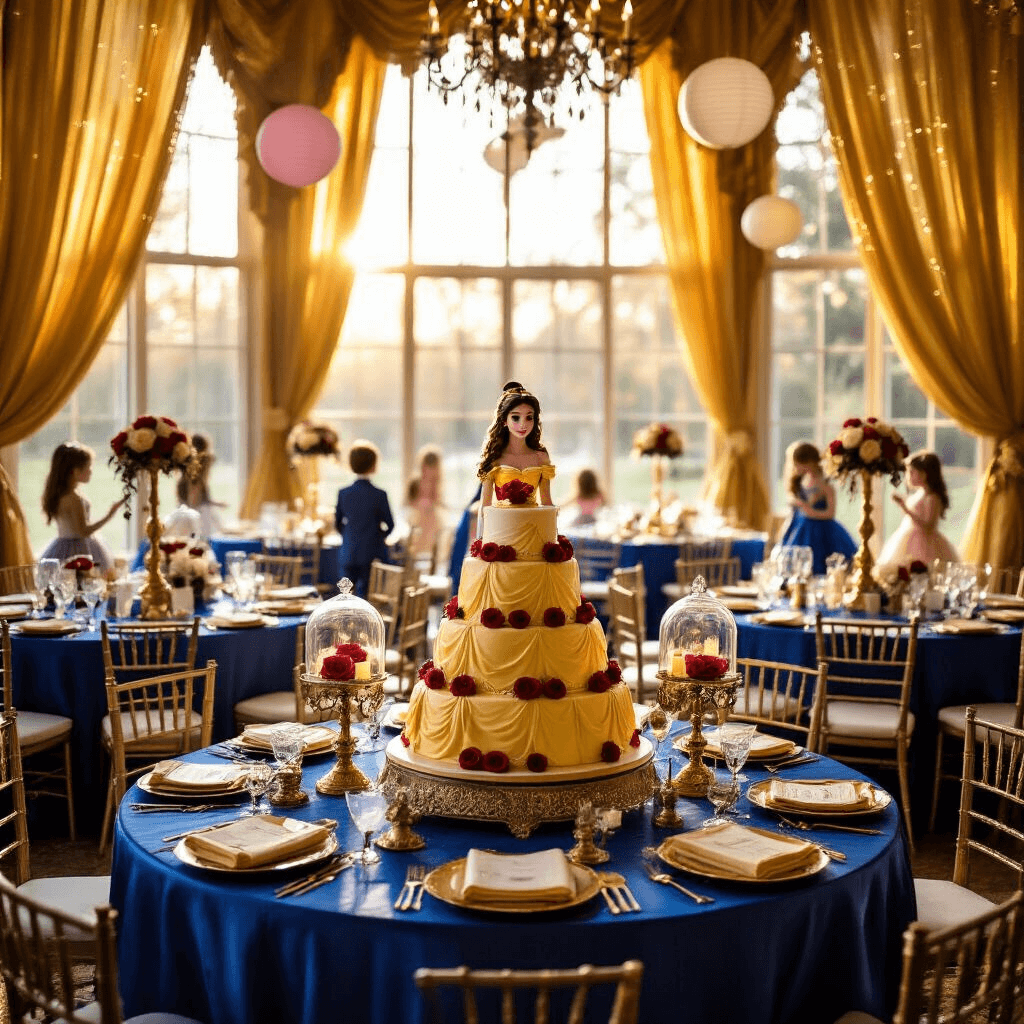 A grand ballroom for a Beauty and the Beast themed birthday party, featuring royal blue silk table linens, enchanted rose centerpieces, a tiered cake resembling Belle's gown, and children in costume twirling on the dance floor as a Belle character greets guests, all illuminated by golden hour light.