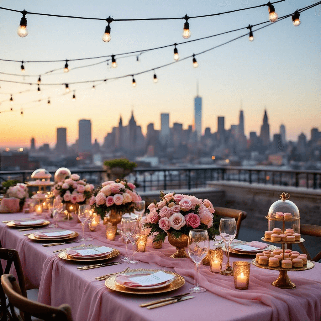 A romantic rooftop terrace birthday party inspired by Beauty and the Beast, featuring long tables with blush pink linens and gold chargers, rose centerpieces under cloche glasses, and an enchanting city skyline at sunset. Strings of market lights and hurricane lanterns create a warm ambiance, while a dessert cart offers macarons and gold-dusted strawberries. A close-up shot shows a beautifully set table with the twinkling city in the soft-focus background.