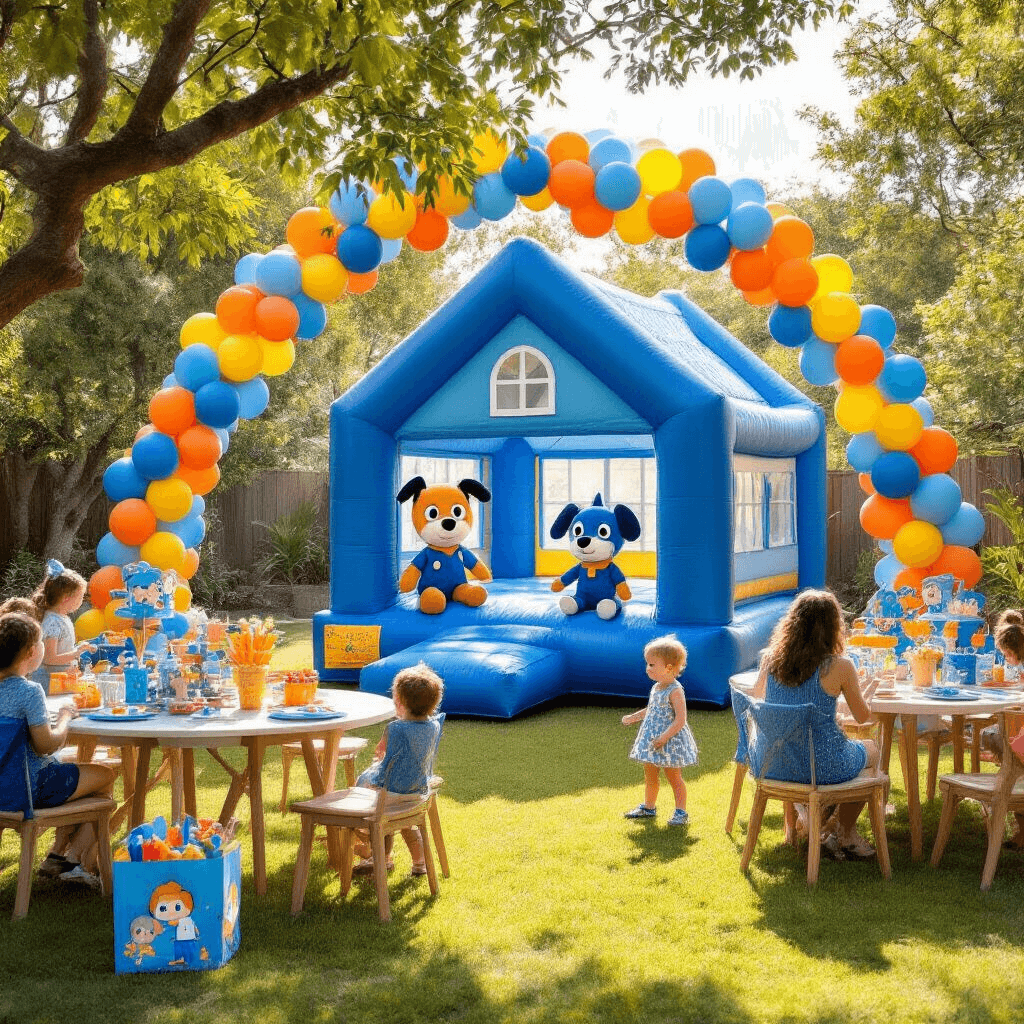 A whimsical Bluey-themed birthday party in a sun-drenched backyard, featuring a large blue bounce house, colorful balloon arches, tables with Bluey plush toys, and a 'Keepy Uppy' balloon station, with children playing and parents mingling under soft morning light filtering through trees.