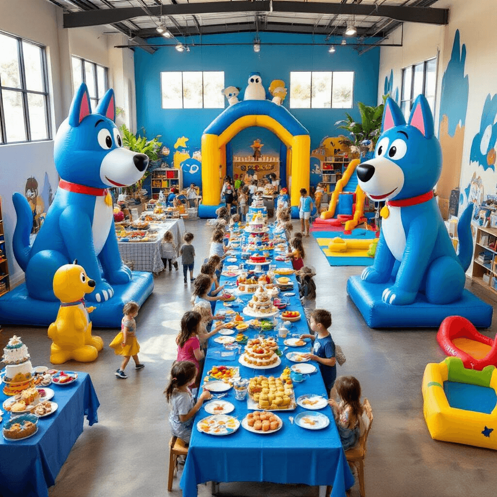 A high-angle view of a vibrant indoor play center celebrating a Bluey birthday party, featuring giant inflatable Bluey and Bingo at the entrance, various activity stations, oversized Heeler family cutouts, and a long table adorned with Australian-themed snacks.