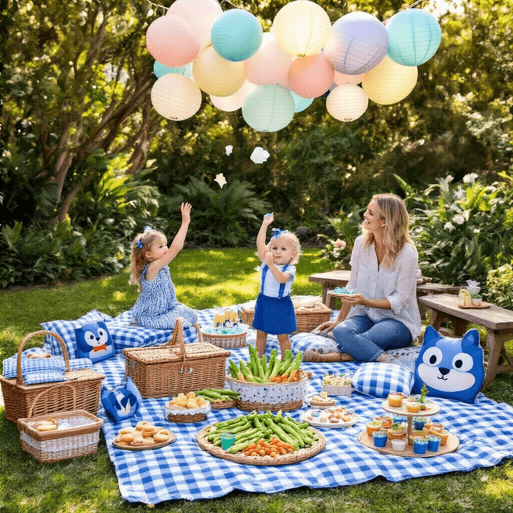 A vibrant picnic scene featuring Bluey characters in a lush garden, with blue and white checkered blankets, wicker baskets, and a Magic Asparagus veggie platter. Children play Keepy Uppy while parents relax on wooden benches, surrounded by pastel balloons and paper lanterns. A dessert cart showcases a Fruit Bat cake and blue jelly cups, all captured in the warm glow of golden hour.
