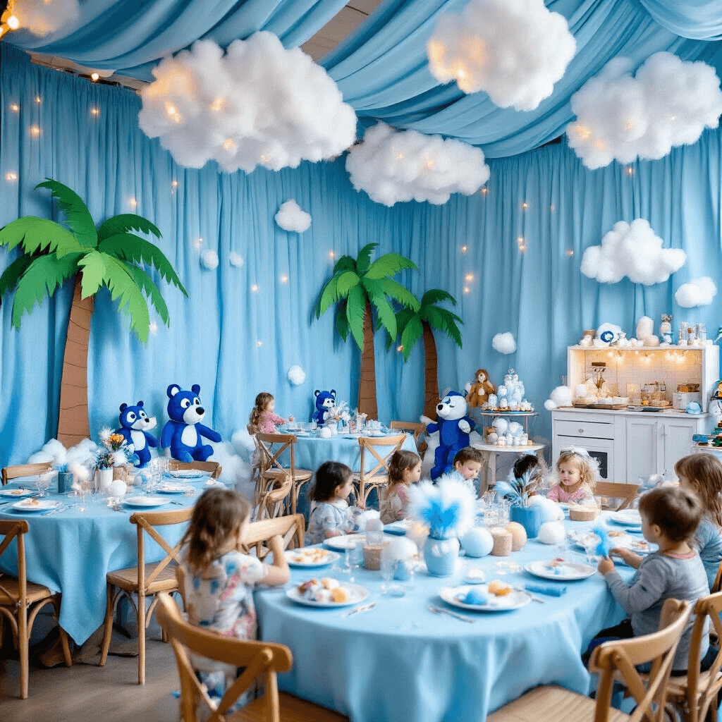 A cozy indoor winter wonderland party themed around Bluey, featuring light blue draped walls, fluffy white clouds, and cardboard palm trees. A disco area with twinkling lights, tables with icy blue linens and Bluey plush toy centerpieces with pompoms, and a hot chocolate station styled like Bluey's kitchen. Children enjoy playing 'Featherwand' with blue and white feathers, all illuminated by warm, contrasting lighting.