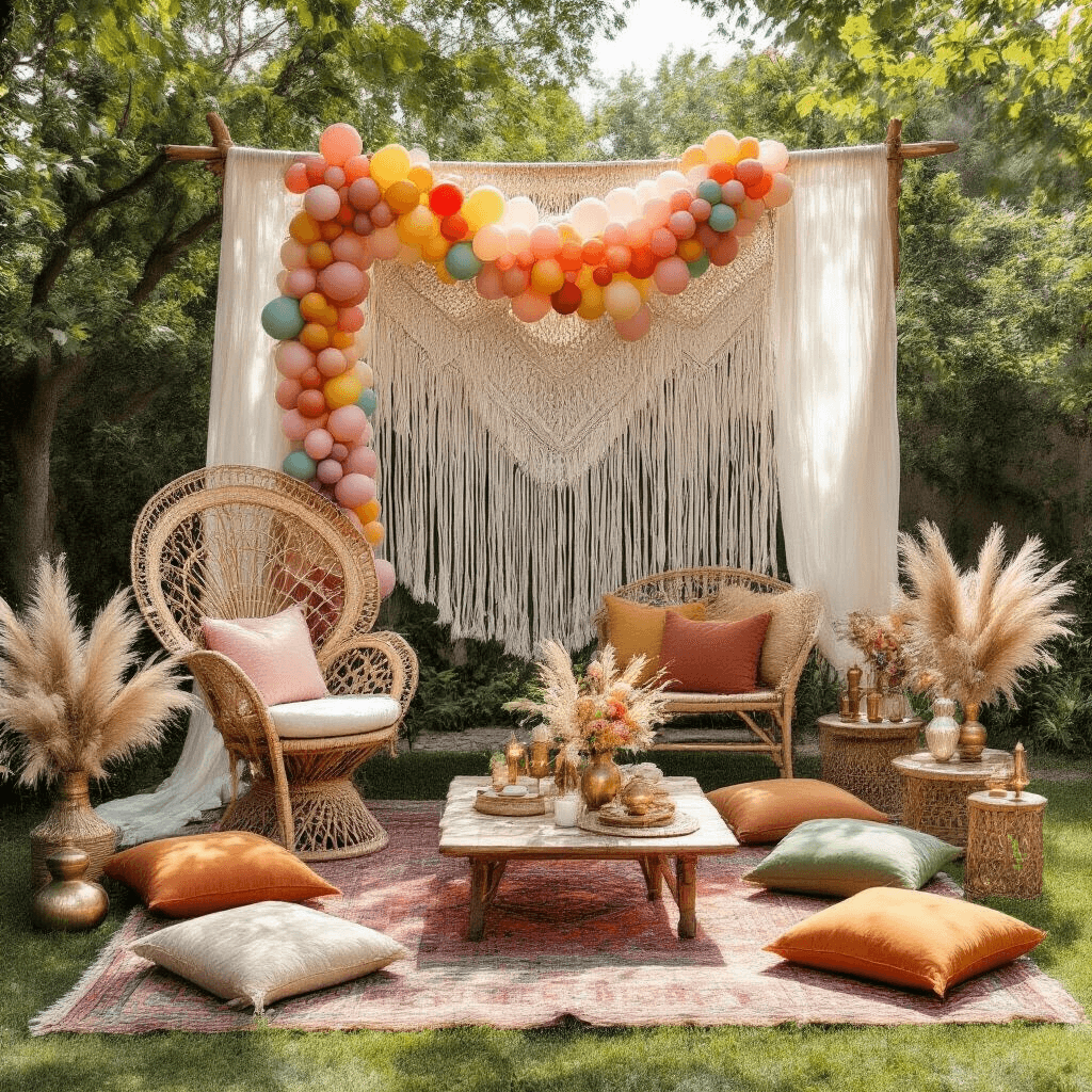 A vibrant boho backyard with a macramé backdrop and rainbow balloon garland, featuring a rattan peacock chair, picnic-style seating on Moroccan rugs with floor cushions, and centerpieces of pampas grass and crystal prisms, all under soft, filtered light.