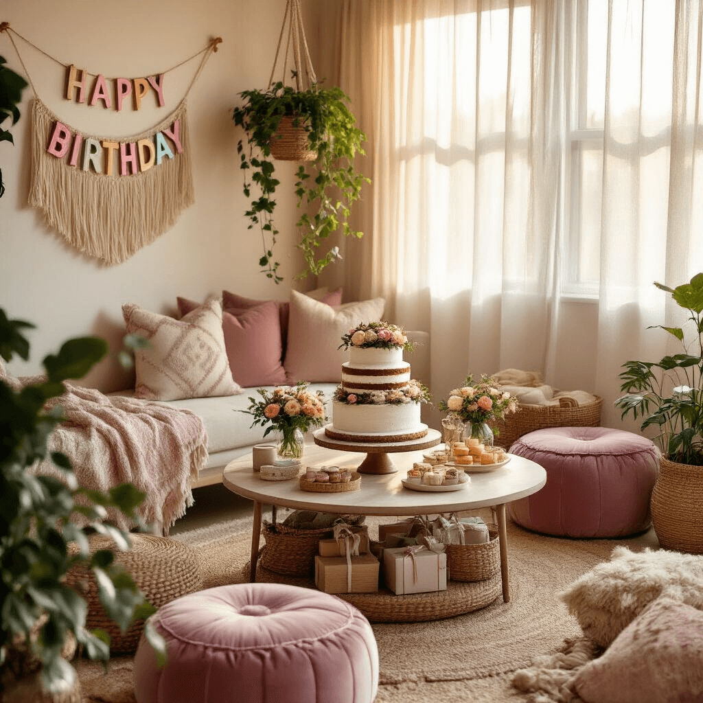 Intimate living room birthday celebration at golden hour, featuring warm light, a dessert display with a naked cake adorned with flowers, dusty pink velvet poufs, woven baskets overflowing with gifts, macramé plant hangers with pothos vines, and a handcrafted wooden 'Happy Birthday' banner in muted rainbow hues.
