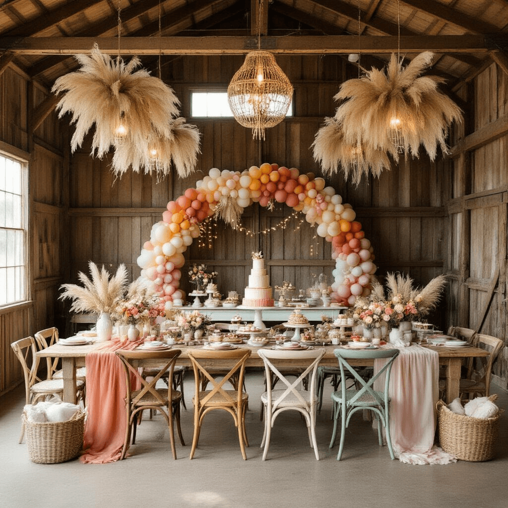 A rustic barn interior transformed for a boho rainbow first birthday, featuring farmhouse tables with ombre runners, mismatched pastel chairs, hoop chandeliers adorned with pampas grass, a muted rainbow balloon arch over a dessert station, and cozy blankets in woven baskets.