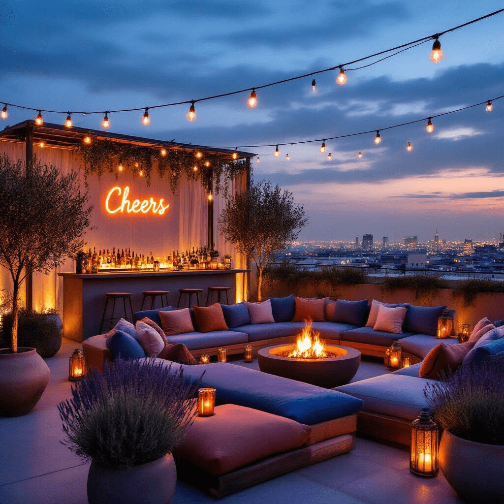 A modern rooftop terrace beautifully decorated for a twilight boho celebration, featuring low lounge seating with plush cushions in dusty blue, mauve, and ochre, glowing fairy lights and lanterns, a curved bar with signature cocktails in copper mugs, and a photo booth backdrop with a neon 'cheers' sign, surrounded by potted olive trees and lavender planters against a sparkling city skyline.