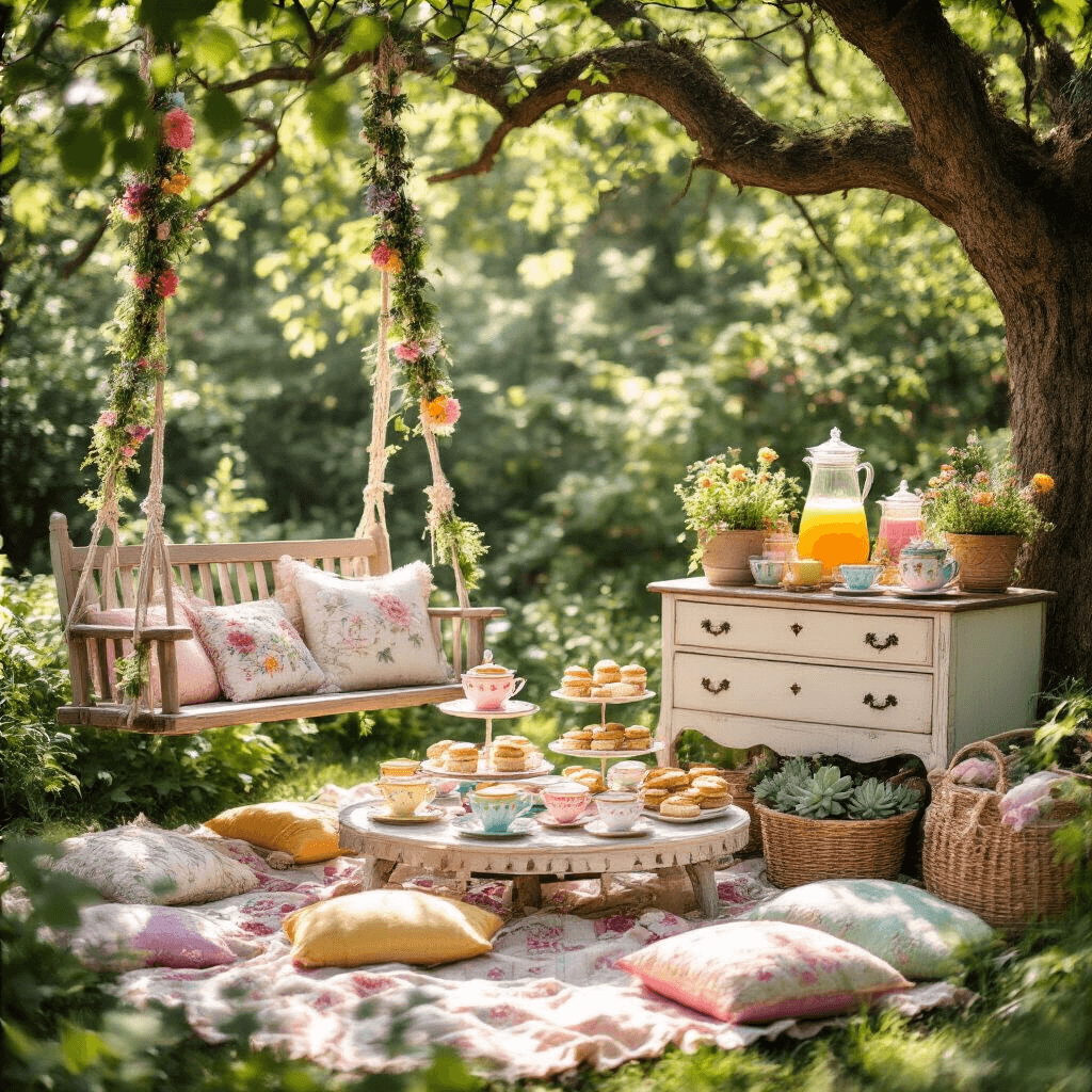 Whimsical garden tea party scene featuring mismatched pastel vintage teacups, tiered stands with scones and sandwiches, a macramé-draped swing, and a lemonade station on a refurbished dresser surrounded by potted succulents, all under dappled sunlight filtering through trees.