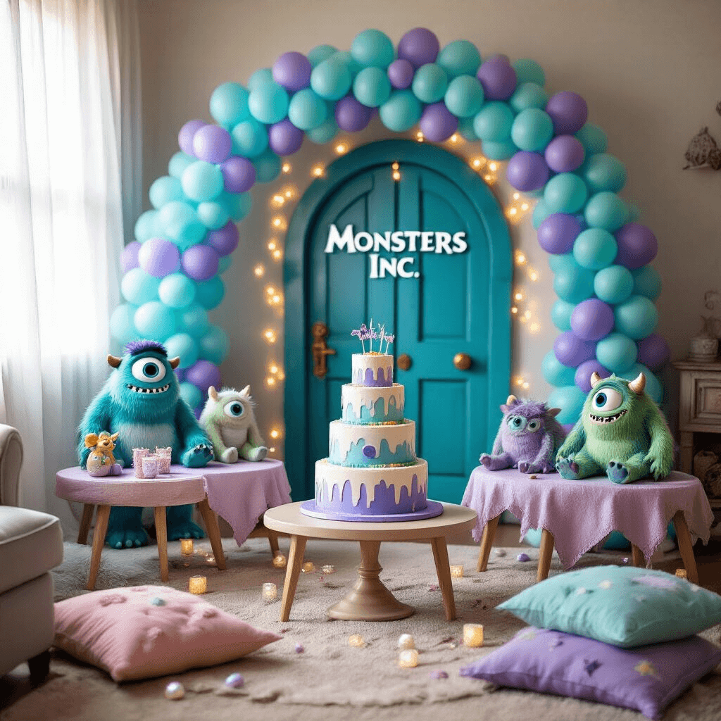 A cozy living room decorated for a Boo-themed birthday party from Monsters, Inc., featuring a teal and purple balloon arch, plush monster toys on pastel linens, a tiered cake shaped like Boo's door, glittery cake pops, twinkling fairy lights, and 'monster fur' pillows.