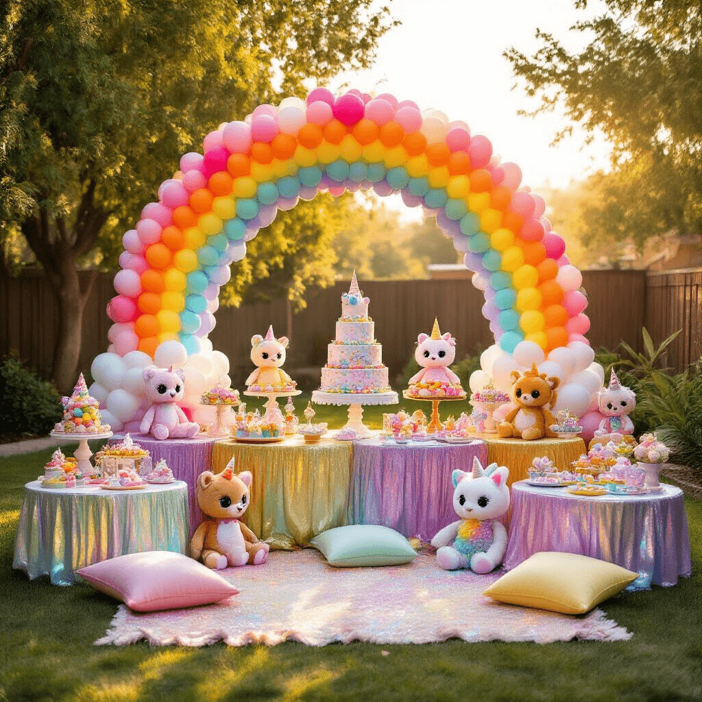 An extravagant Beanie Boo birthday celebration in a sunlit backyard, featuring a grand rainbow balloon arch, bright plushies on tiered pedestals, picnic tables with iridescent tablecloths, glittery unicorn centerpieces, a colorful dessert cart, and a cozy Beanie Boo photo booth, all bathed in warm golden hour light.