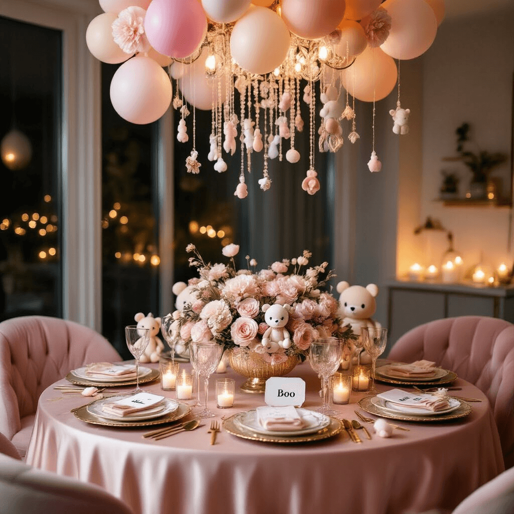 An elegant Boo-themed birthday dinner table set in a modern apartment, featuring blush pink silk, pastel flowers, plush animals, gold-rimmed plates, crystal glasses, and personalized place cards, surrounded by a warm, cozy atmosphere with soft candlelight and cascading pastel balloons.