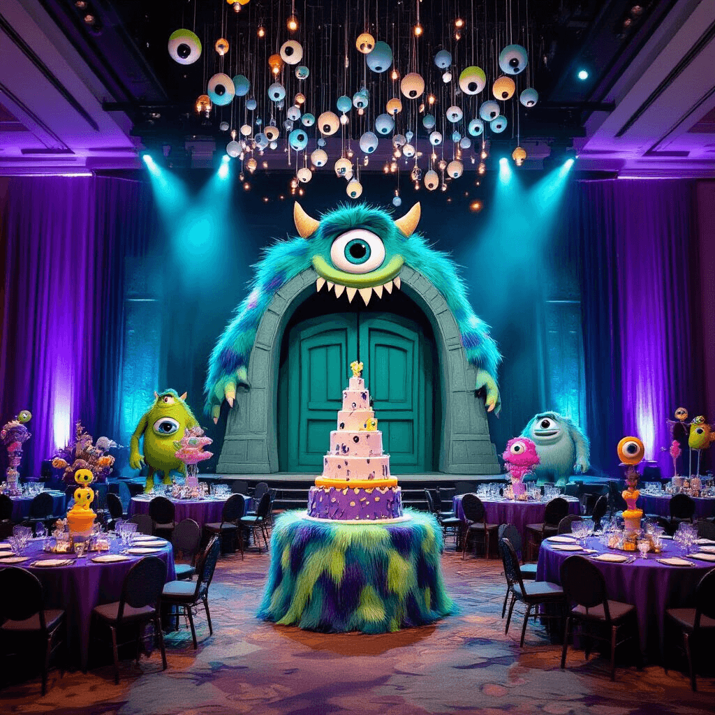 A vibrant indoor ballroom transformed into a Monsters, Inc. Boo party, featuring dramatic teal and purple uplighting, a towering 'Scare Floor' backdrop with animated doors, round tables with shimmering fabrics and monster fur centerpieces, a ceiling adorned with dangling eyeball ornaments and lights, and a dessert area showcasing a lifesize Sulley cake and cupcake monsters.