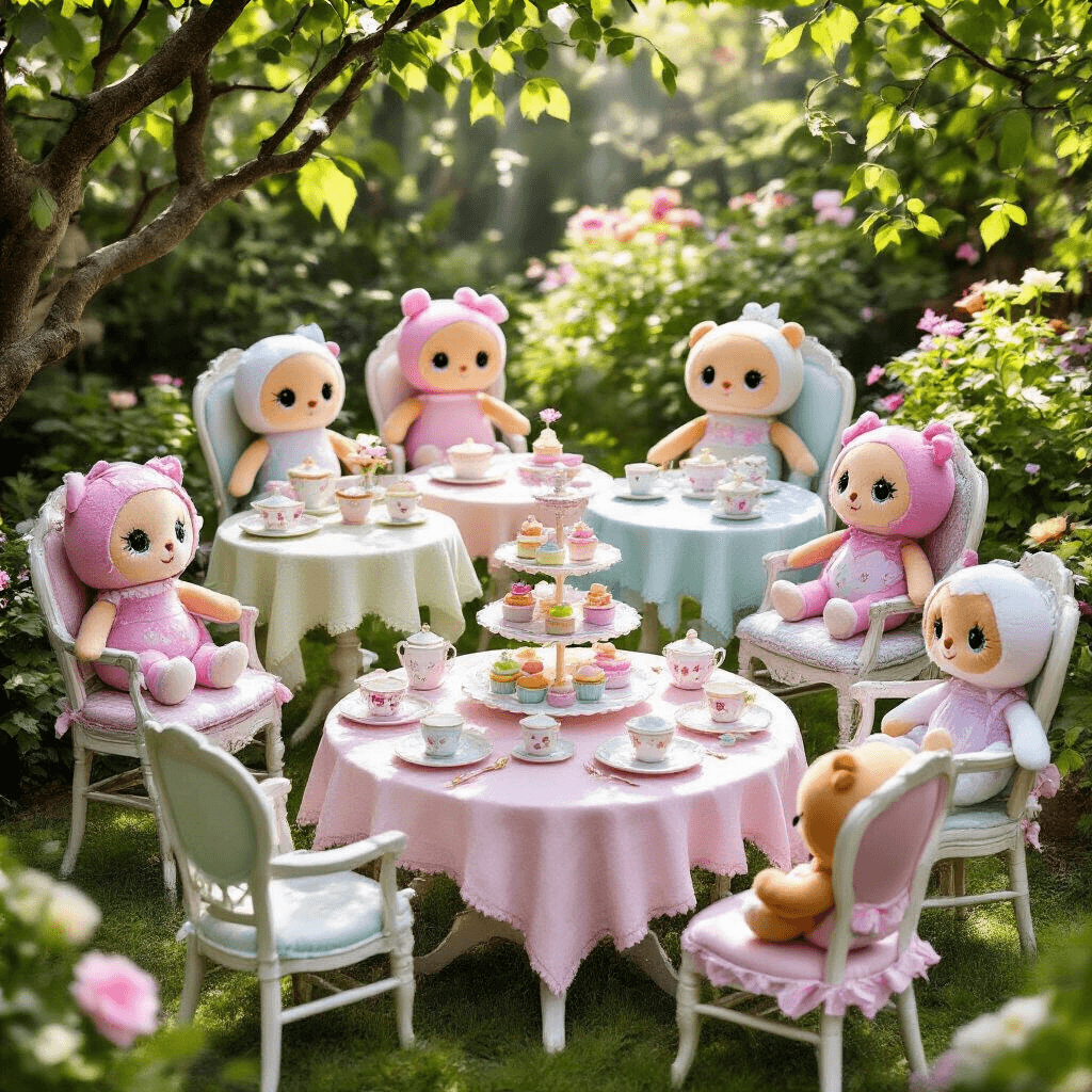 A whimsical outdoor tea party featuring oversized Beanie Boo plushies in a blooming garden, with mismatched vintage furniture draped in pastel linens and adorned with floral china, set against dappled sunlight and a backdrop of lush greenery.