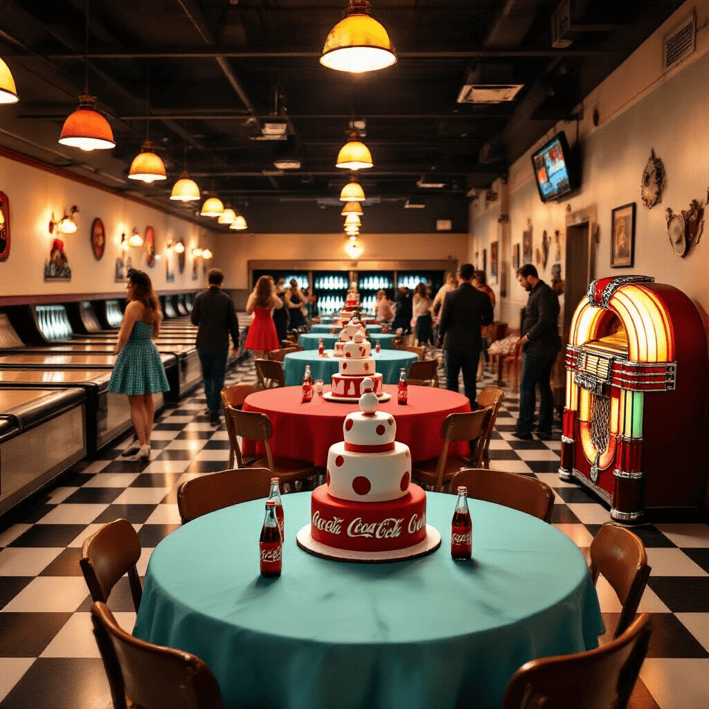 A lively retro-themed bowling alley birthday party with checkered floors, polished wooden lanes, vintage decor, and guests in 1950s attire celebrating around tables with bowling pin centerpieces and a tiered birthday cake.