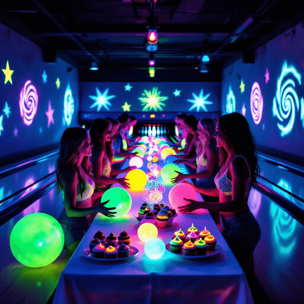 A vibrant neon bowling party scene featuring players in glowing attire striking poses, neon bowling balls in motion, and glowing decor under blacklights, captured from a low angle to highlight the energetic atmosphere.