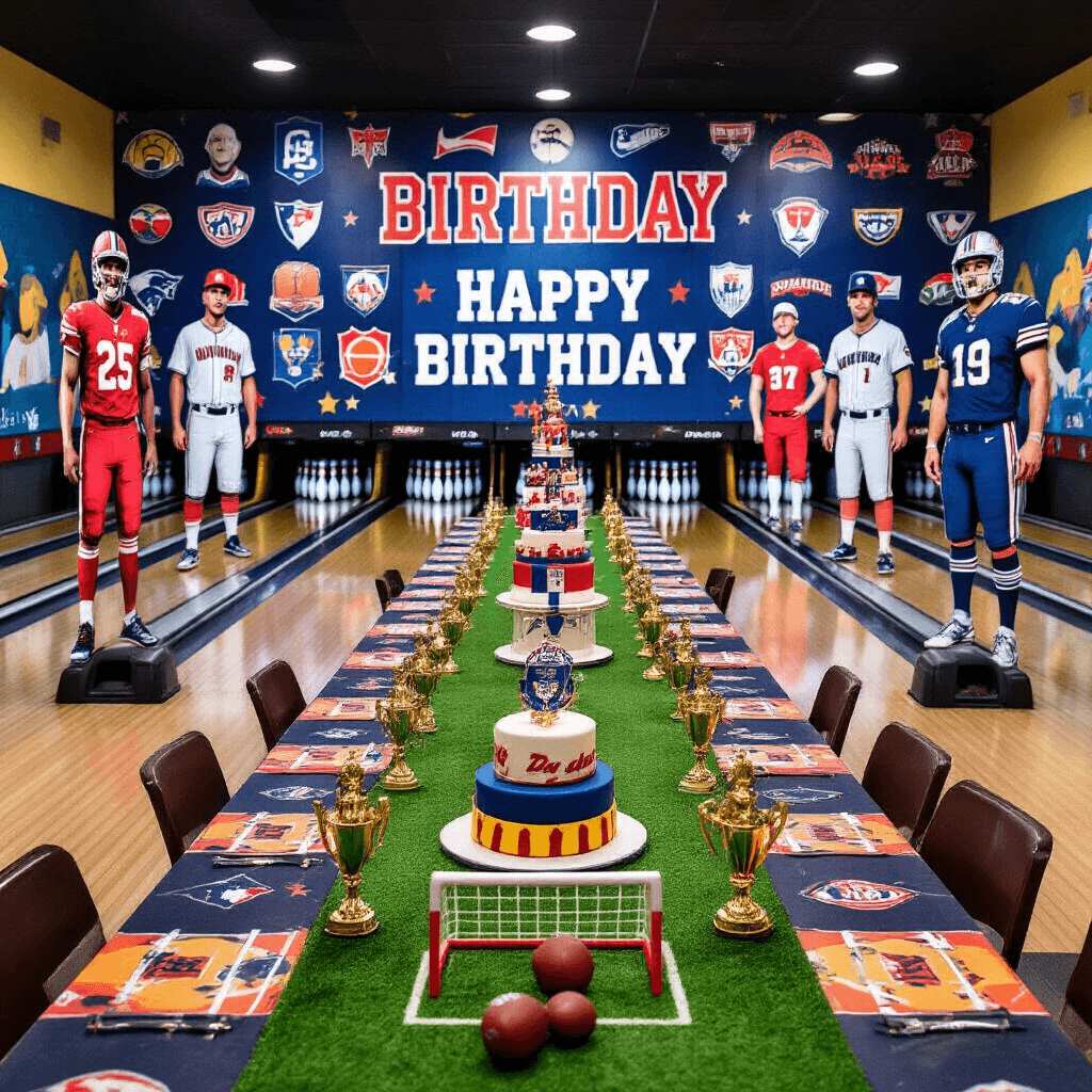 A vibrant sports-themed bowling party with lanes adorned by life-sized athlete cutouts, astroturf-covered tables featuring mini goal posts, a backdrop of sports logos and a 'Happy Birthday' banner, adorned with trophies and medals, and a towering cake shaped like sports equipment, captured from an elevated angle.