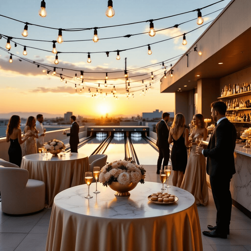 An elegant rooftop bowling soirée with warm sunset light, draped tables, floral arrangements in metallic pin-shaped bowls, a marble bar serving cocktails, and guests in cocktail attire enjoying the sophisticated atmosphere.