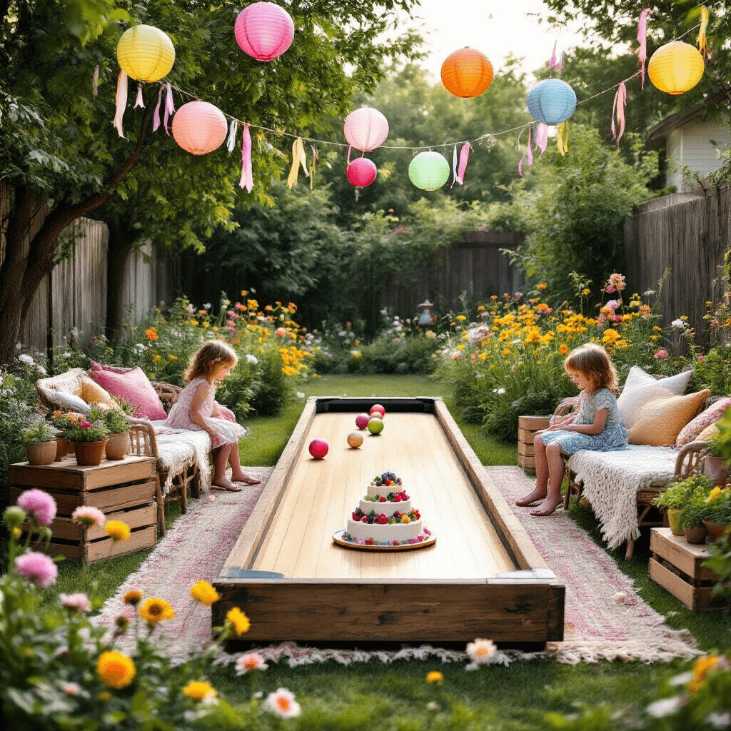 A whimsical garden bowling party in a lush backyard with a mini bowling lane, vintage seating, potted succulents, and a dessert table featuring a naked cake. Children play with pastel-painted coconuts as bowling balls under colorful lanterns and streamers in the soft afternoon light.