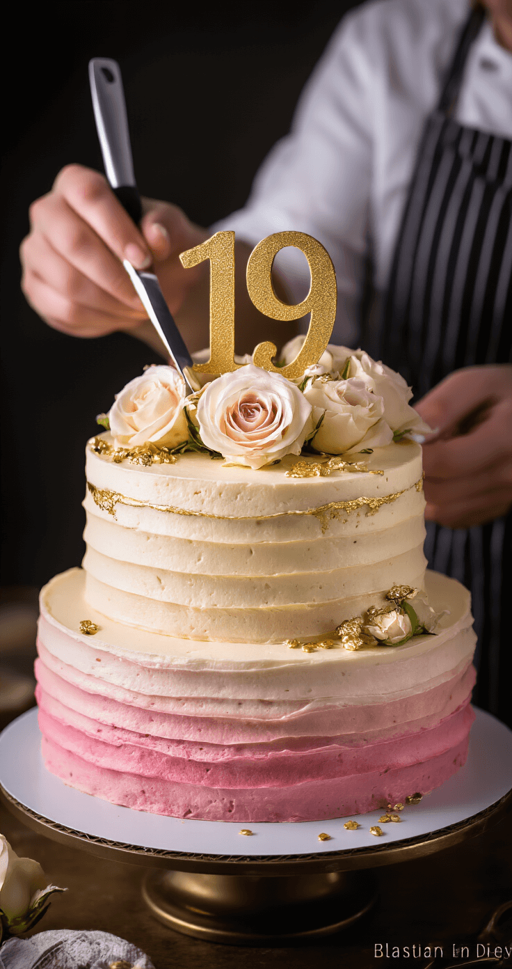 A professional pastry chef decorates a stunning 19th birthday cake with ombré buttercream frosting, fresh roses, and a gold '19' topper in dramatic lighting.
