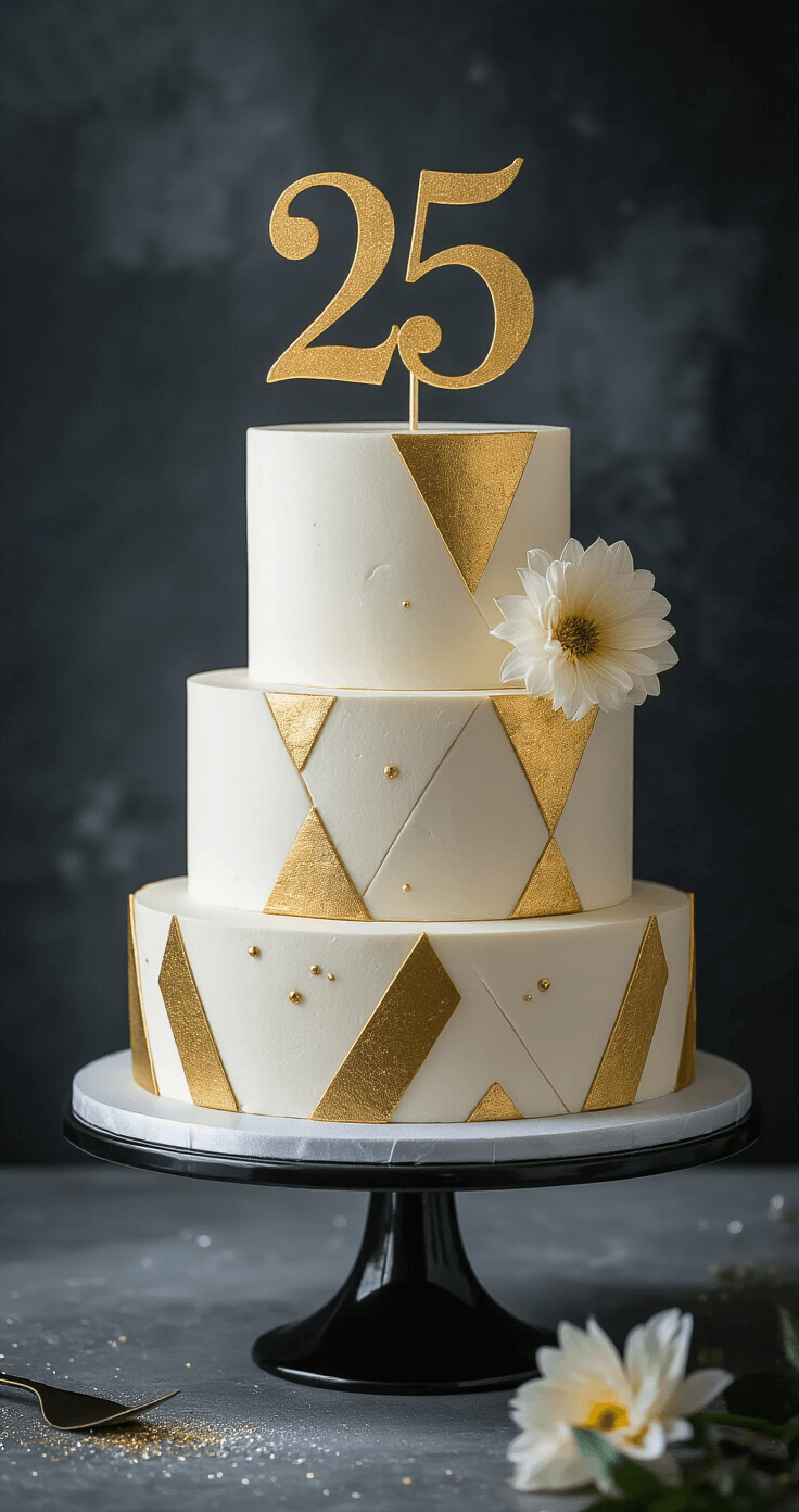Elegant three-tiered 25th birthday cake with a minimalist white buttercream finish, geometric gold accents, and a '25' topper, displayed on a modern black cake stand against a dark background, featuring dramatic side lighting and a single fresh flower.