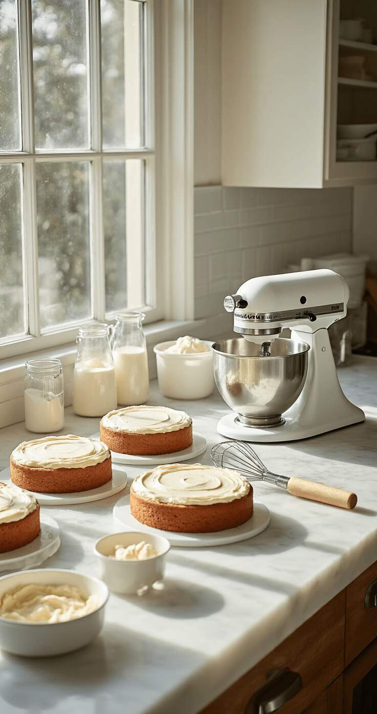 A sunlit professional kitchen with a white marble countertop displaying leveled cake layers, baking tools, a stand mixer with buttercream, and organized measuring cups, illuminated by natural light.