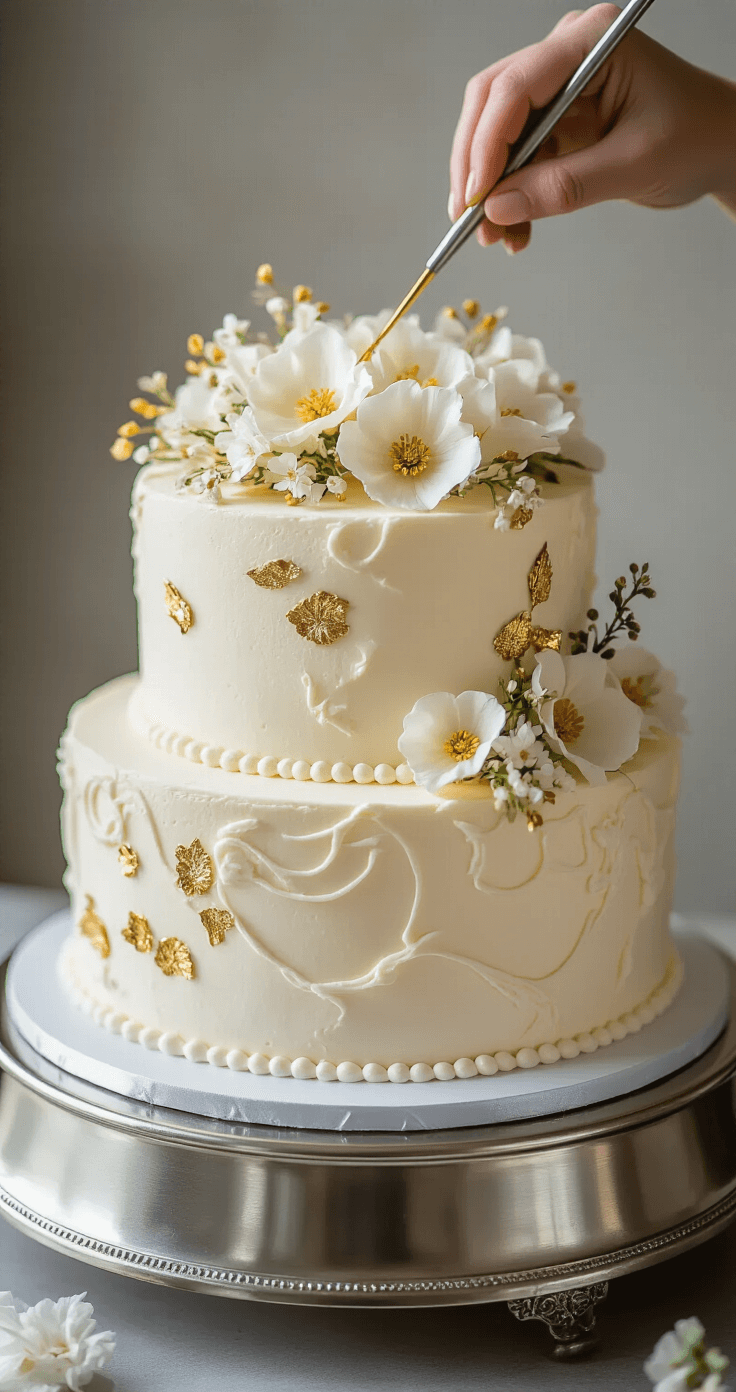 A close-up of a two-tier wedding cake on a metallic silver stand, featuring textured ivory buttercream, golden dowels, and delicate edible flower decorations being applied under soft studio lighting.