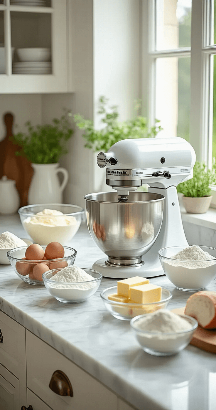 A modern kitchen with marble countertops bathed in sunlight, showcasing a stand mixer surrounded by neatly arranged baking ingredients, including fresh eggs, softened butter, and sifted flour in glass bowls.