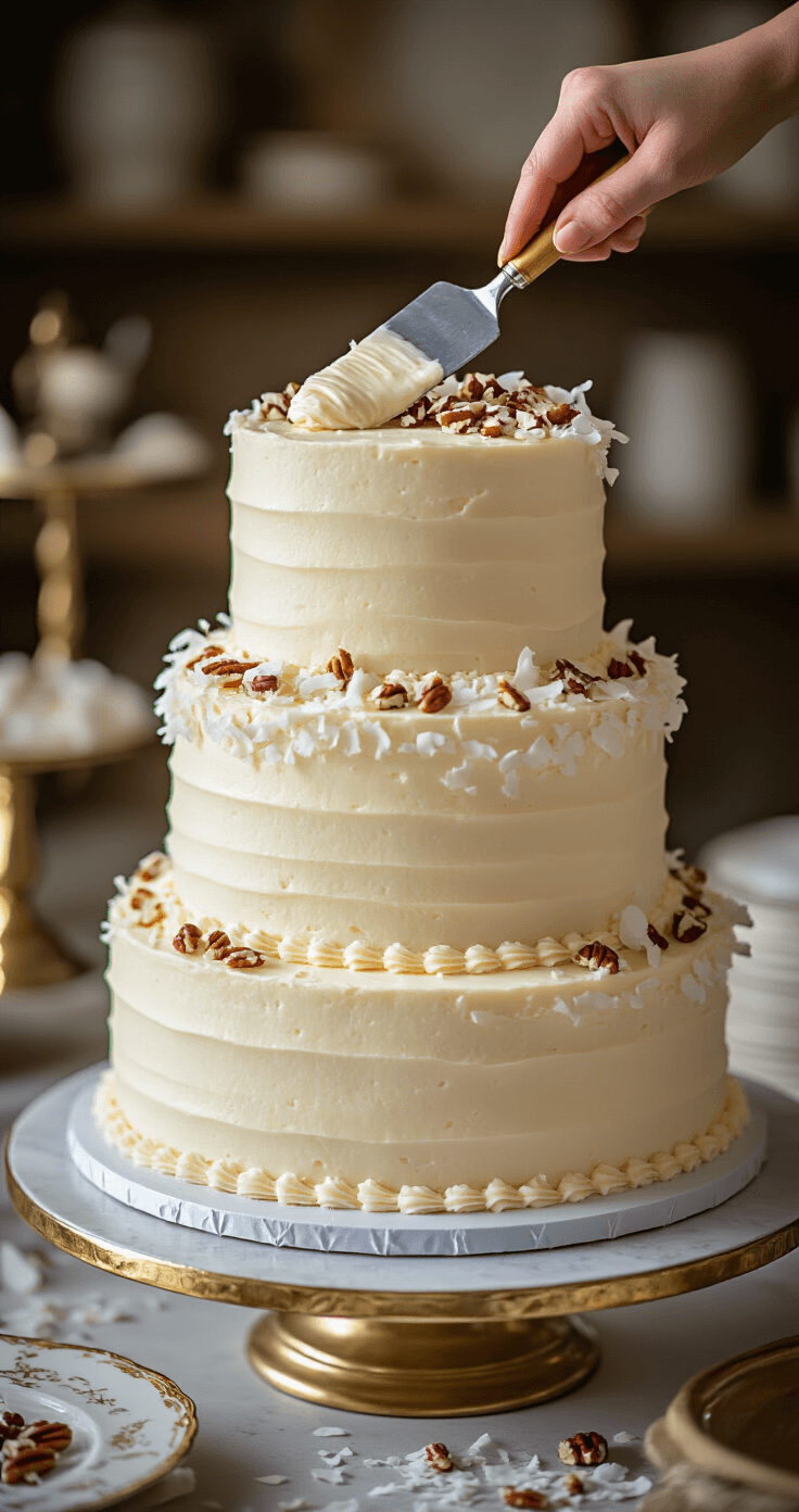 Close-up of a three-tiered wedding cake being assembled with cream cheese frosting, coconut shavings, and chopped pecans, on a rotating stand, with gold-rimmed plates and vintage tools in the background.