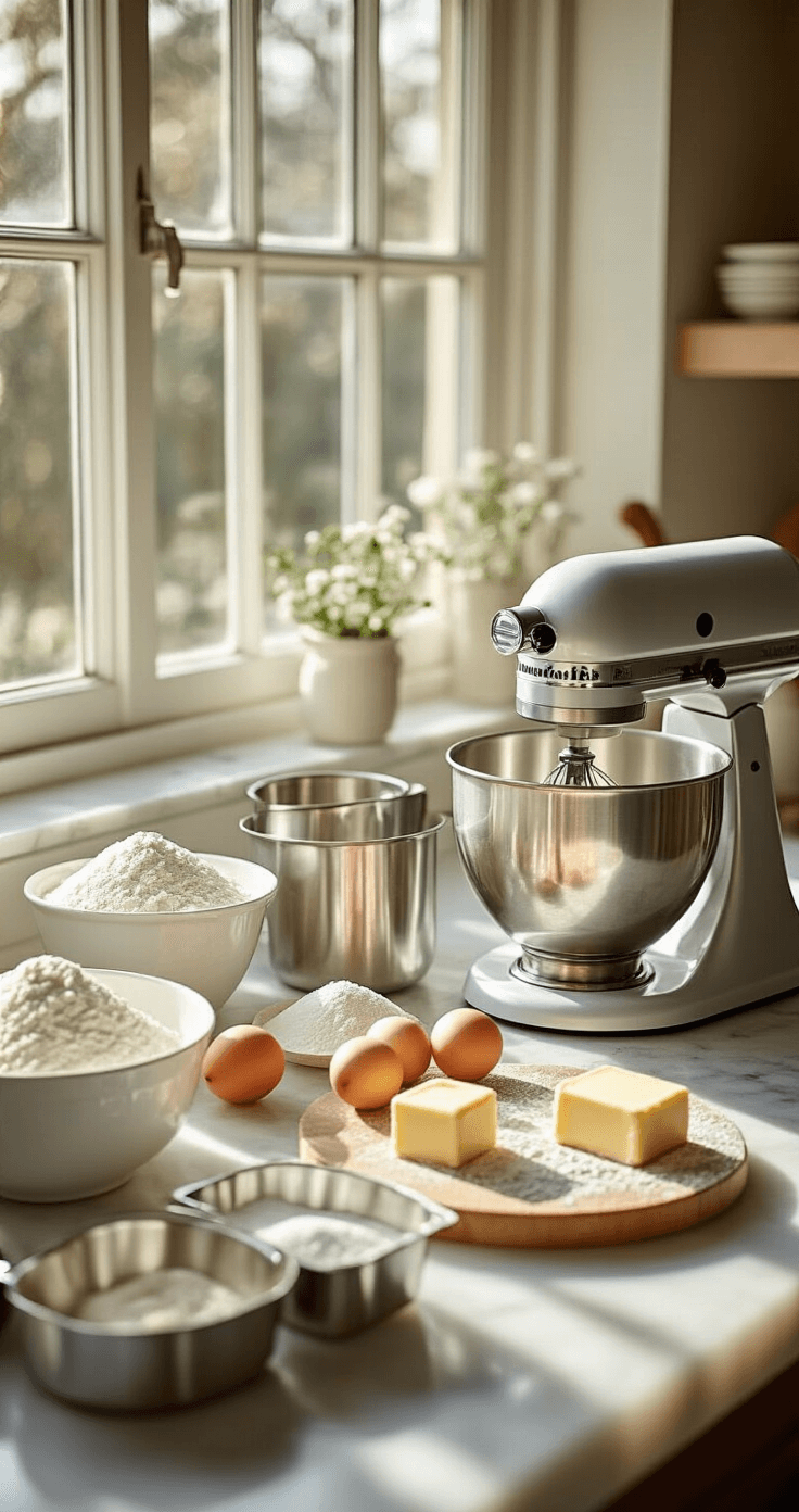 A sunlit kitchen counter displaying neatly arranged baking ingredients and professional tools for wedding cake preparation, with soft shadows and a high-end photography style.