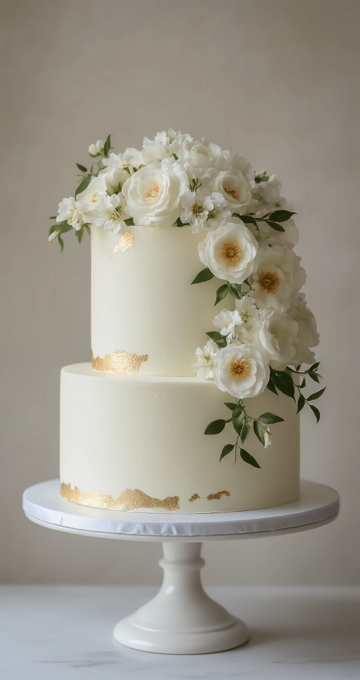 An elegant one-tier wedding cake with white buttercream frosting and cascading fresh flowers, displayed on a white pedestal against a neutral background, featuring gold leaf accents and soft studio lighting.