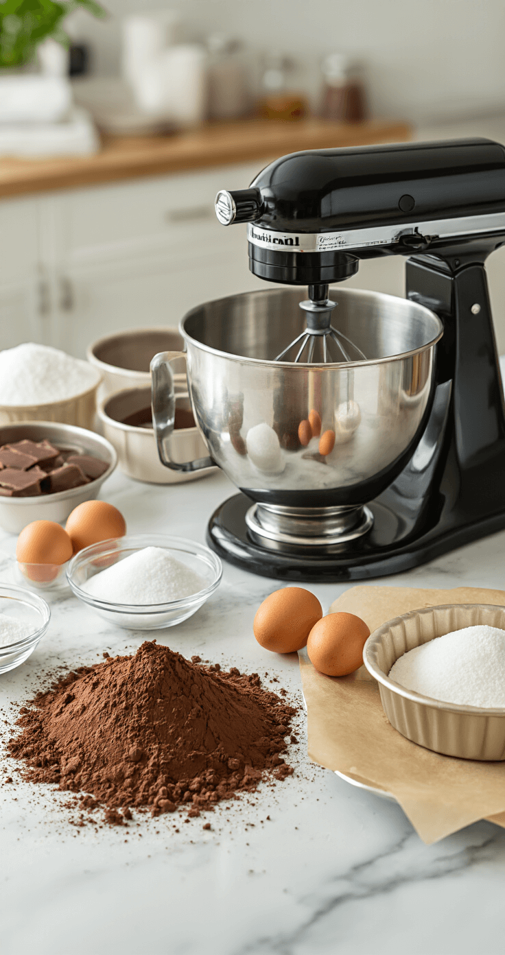 A sunlit professional kitchen featuring a marble countertop with neatly arranged ingredients for a chocolate wedding cake, including cocoa powder, sugar, and eggs, alongside a stand mixer and parchment-lined cake pans.