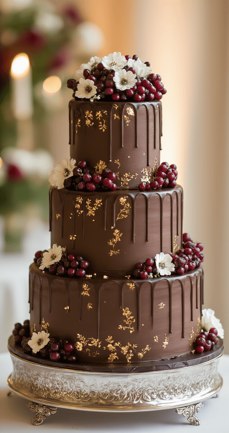 A three-tiered chocolate wedding cake on a silver stand, adorned with ganache drips, gold accents, burgundy berries, and delicate ivory and blush flowers, set against a softly lit reception backdrop.