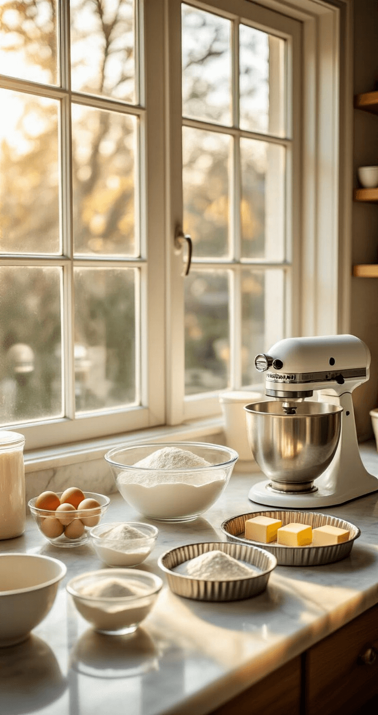 A well-organized bakery workspace with natural light, featuring a marble countertop with measured ingredients, cake pans, and a KitchenAid mixer, set in a warm morning atmosphere.