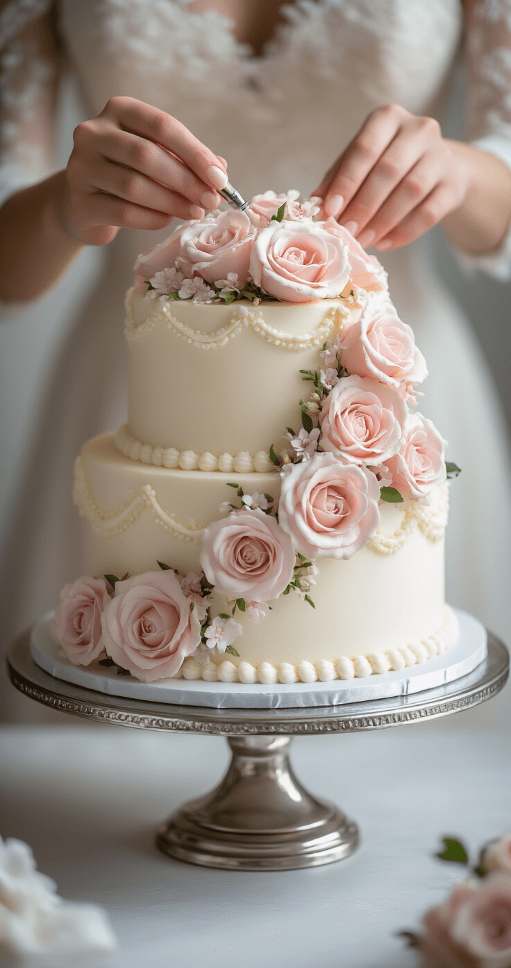 Close-up of hands adding finishing touches to a three-tier wedding cake with pearl-white frosting, featuring piped details and cascading pastel pink roses, on a silver stand with a softly blurred background.