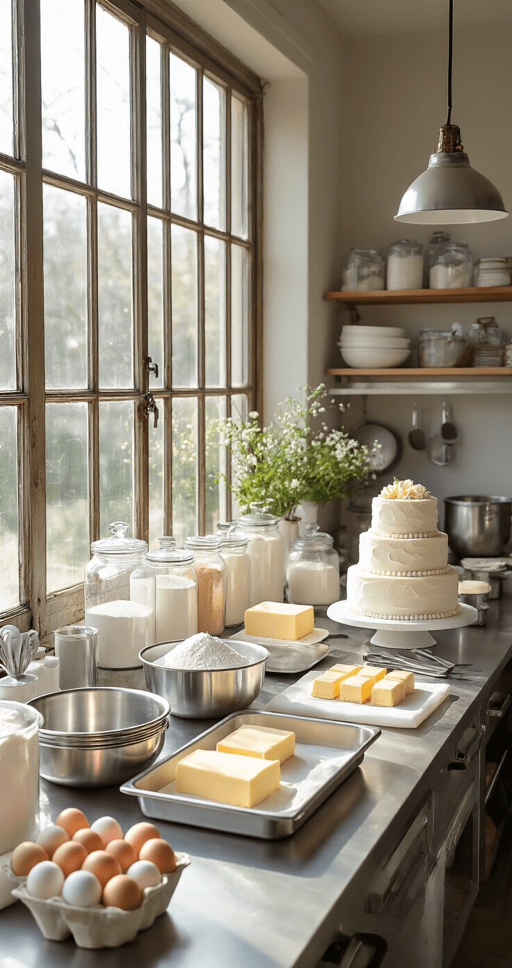 A professional bakery workspace featuring stainless steel countertops with baking tools, fresh ingredients like eggs and butter, and glass containers filled with flour and sugar, all illuminated by soft natural light from large windows.
