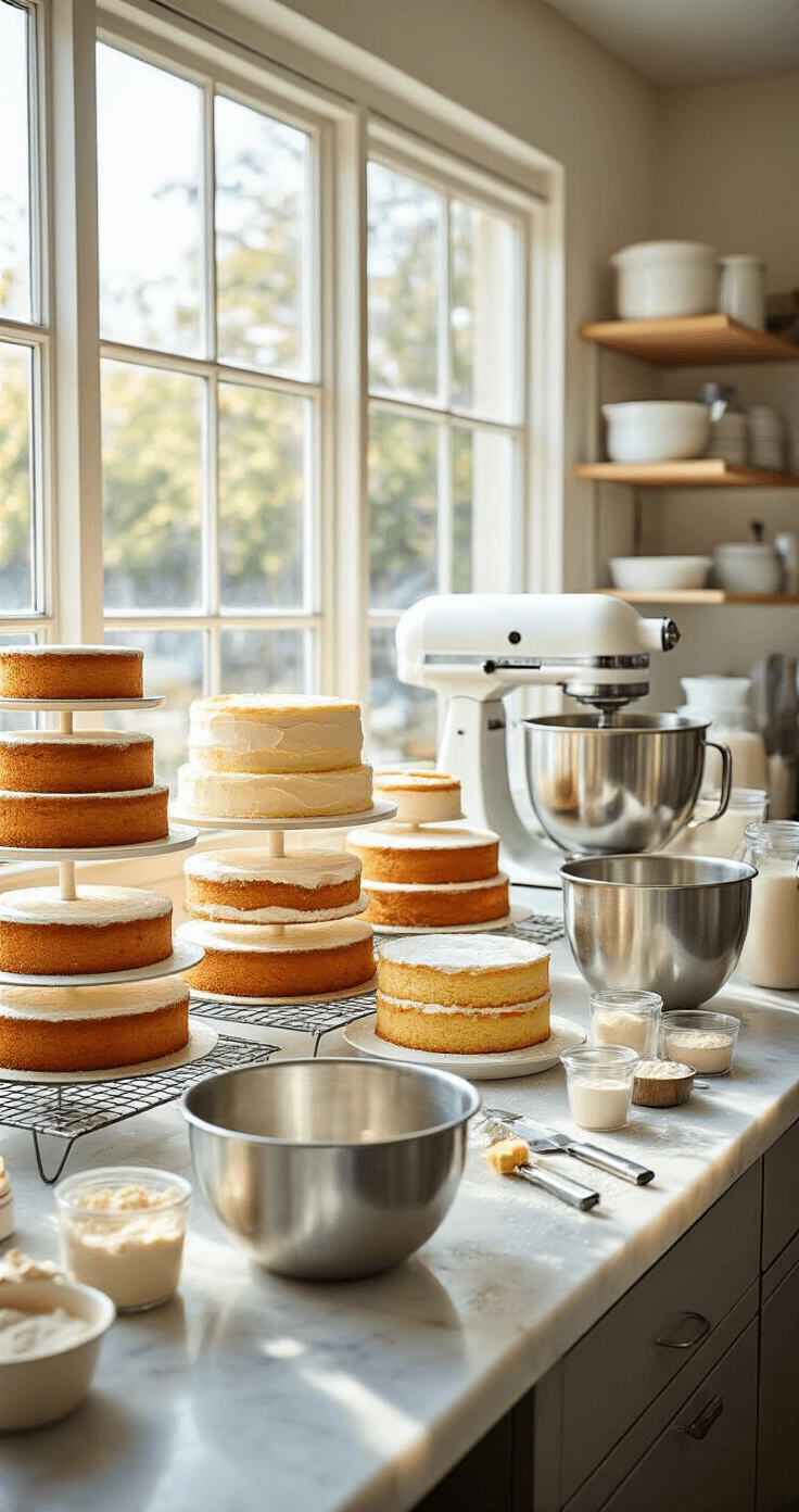 A bright bakery workspace featuring cooling tiers of golden cake layers on wire racks, with stainless steel mixing bowls, a stand mixer, and neatly arranged ingredients on a marble countertop, illuminated by natural light.