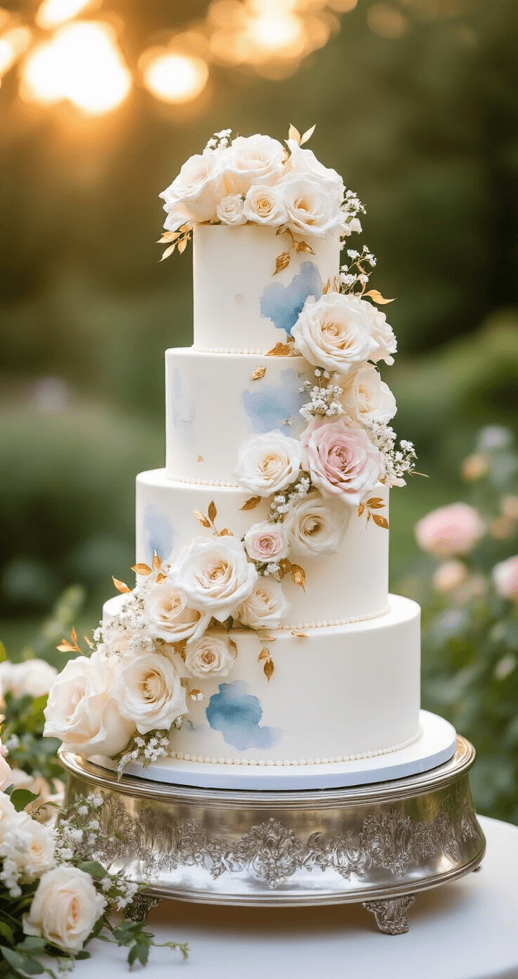 A four-tiered wedding cake with white fondant, watercolor effects in pale blue and blush pink, cascading sugar flowers, and gold leaf accents, displayed on a silver stand in a garden at golden hour, surrounded by fresh roses and baby's breath.