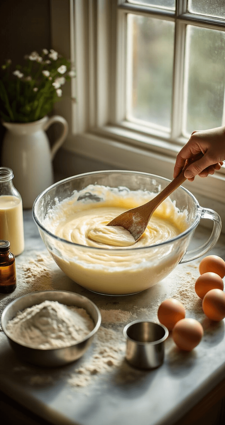 Close-up of a marble kitchen counter with scattered flour, vintage measuring cups, a glass mixing bowl of smooth cake batter, a wooden spoon, fresh eggs, and vanilla extract, all bathed in warm, natural light.