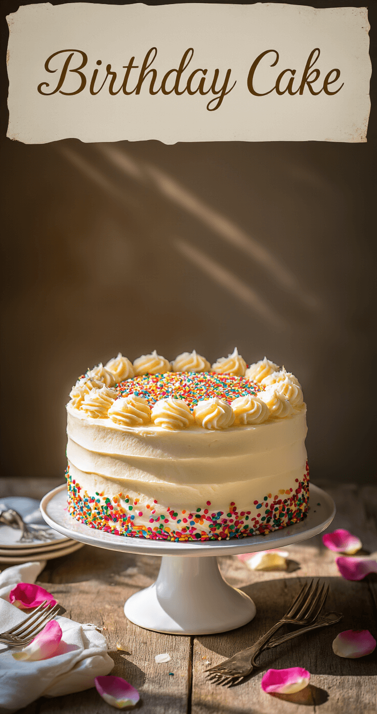 Professional overhead shot of a two-layer birthday cake with swirled vanilla buttercream frosting and rainbow sprinkles on a white ceramic stand, surrounded by rose petals and vintage cake forks on a rustic wooden table.