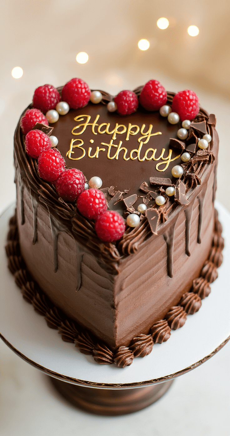 A beautifully decorated chocolate heart cake with smooth frosting, fresh red berries, delicate chocolate shavings, and metallic edible pearls, displayed on an elegant cake stand with a handwritten gold birthday message, all captured in professional food photography style against a soft-focus background.