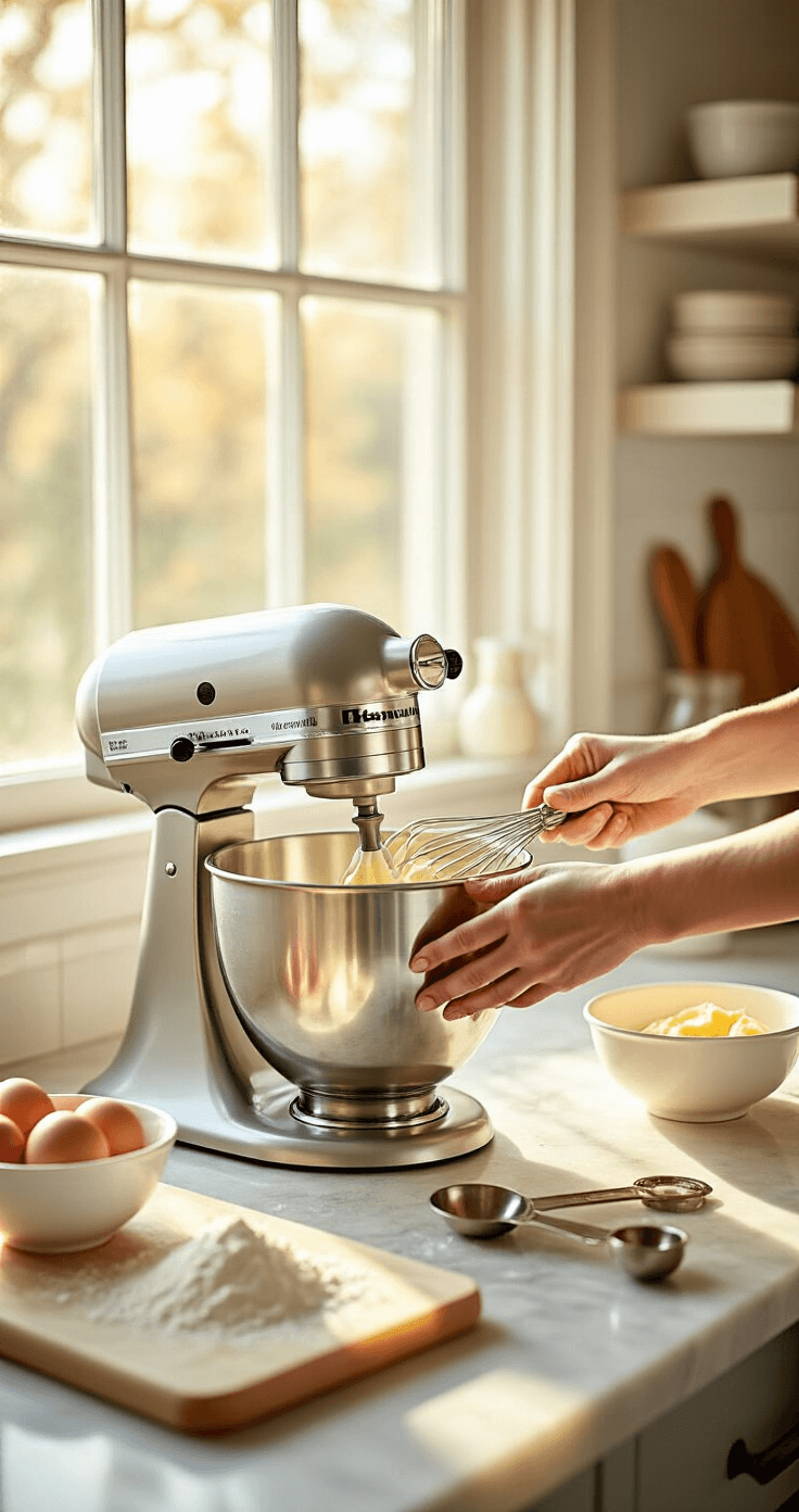 Hands creaming butter and sugar in a stainless steel stand mixer on a sunlit kitchen countertop, surrounded by farm-fresh eggs, vanilla extract, measured flour in white bowls, a marble pastry board, and vintage measuring spoons.