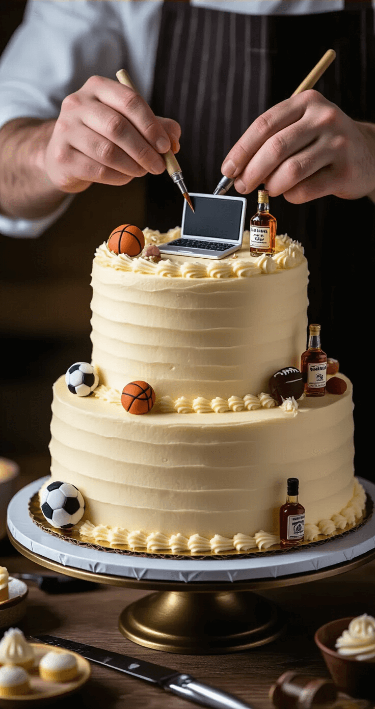 Close-up of a beautifully decorated two-tier birthday cake with rich buttercream frosting, featuring intricate designs and personal fondant decorations like a laptop, sports equipment, and a whiskey bottle, on an elegant rotating stand with nearby decorating tools.